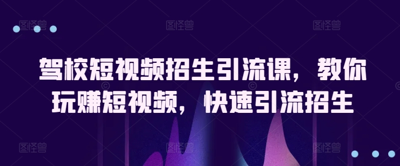 驾校学车小视频招收引流课，教大家轻松玩小视频，迅速引流方法招收-财富课程