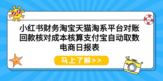 小红书的会计天猫淘宝服务平台查账资金回笼核查成本计算支付宝钱包全自动取数电子商务日表格-财富课程