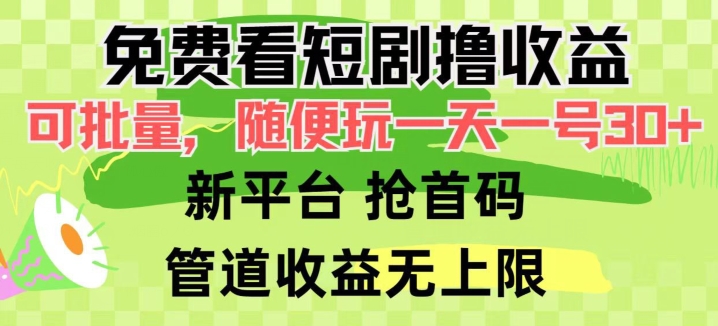 免费看短剧撸收益，可挂机批量，随便玩一天一号30+做推广抢首码，管道收益-财富课程