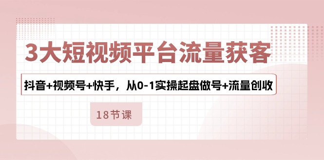 3大短视频平台流量获客，抖音+视频号+快手，从0-1实操起盘做号+流量创收-财富课程