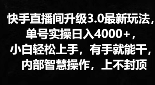 快手直播平台更新3.0全新游戏玩法，新手快速上手，两双手就会干，内部结构聪慧实际操作，无限张力-财富课程