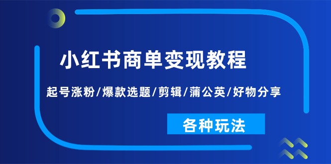 小红书商单变现教程：起号涨粉/爆款选题/剪辑/蒲公英/好物分享/各种玩法-财富课程