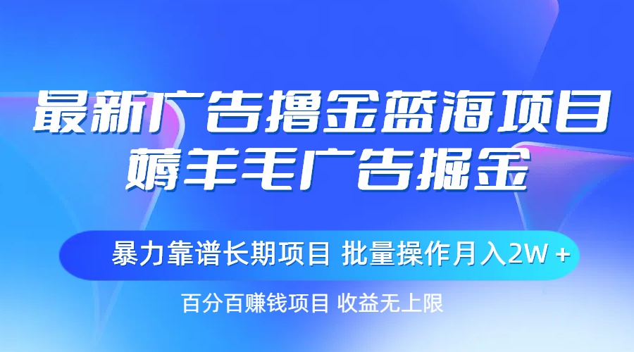 最新广告撸金蓝海项目，薅羊毛广告掘金 长期项目 批量操作月入2W＋-财富课程