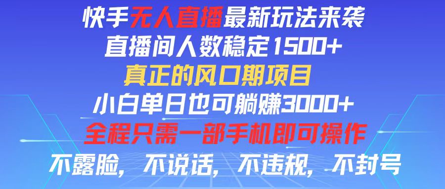 快手无人直播全新玩法，直播间人数稳定1500+，小白单日也可躺赚3000+，…-财富课程