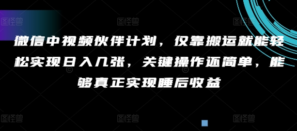 手机微信中视频伙伴方案，只靠运送就能轻轻松松完成日入多张，重要实际操作还简单，可以更好的完成睡后盈利-财富课程