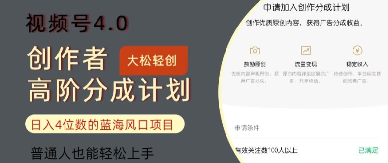 微信视频号4.0原创者高级分为方案，日入四位数的蓝海项目，平常人也可以快速上手-财富课程