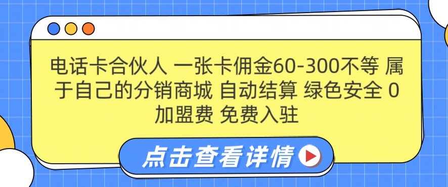 手机卡合作伙伴，一张卡提成60-300不一，0加盟费用， 构建属于自己分销商城系统，全自动清算-财富课程