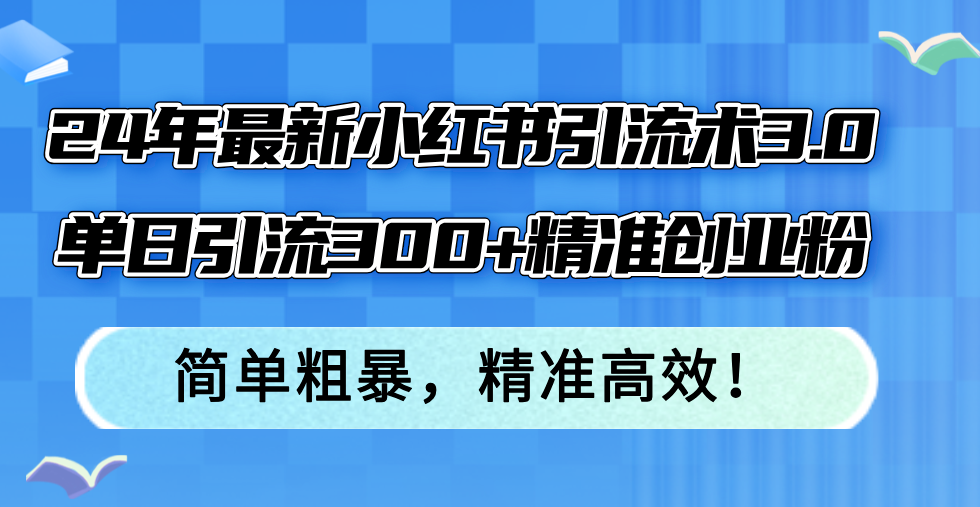 24年最新小红书引流术3.0，单日引流300+精准创业粉，简单粗暴，精准高效！-财富课程