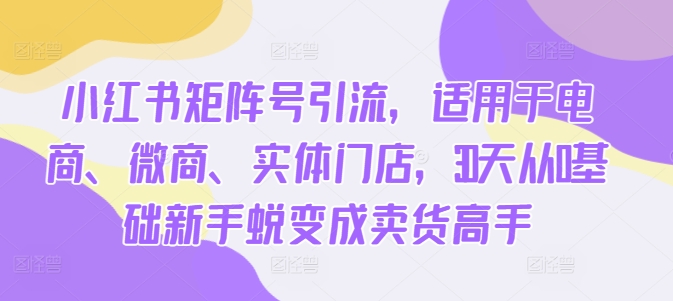 小红书的矩阵账号引流方法，适用电子商务、微商代理、线下门店，30天从0基本初学者成长为卖东西大神-财富课程