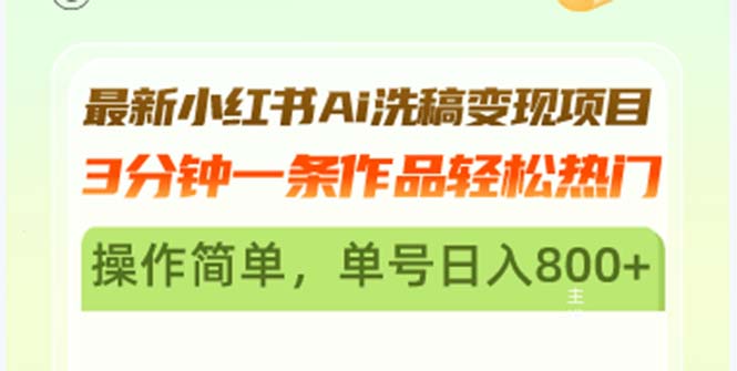 最新小红书Ai洗稿变现项目 3分钟一条作品轻松热门 操作简单，单号日入800+-财富课程