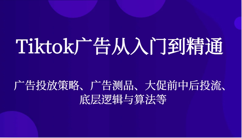 Tiktok广告宣传实用教程，广告投放策略、广告宣传测品、大促销前中后投流、底层思维与算法等-财富课程