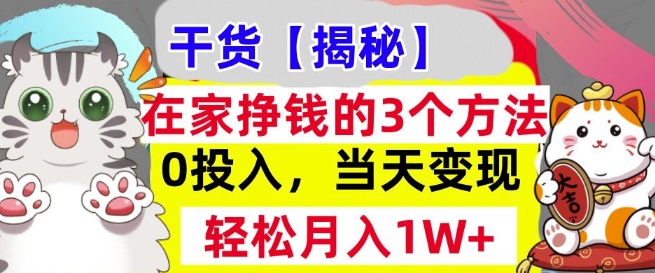 在家挣钱的3个方法，0投入，当天变现，轻松月入过W-财富课程