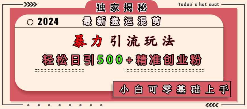 最新搬运混剪暴力引流玩法，轻松日引500+精准创业粉，小白可零基础上手-财富课程