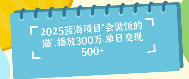 2025蓝海项目“会做饭的猫”，播放300万，单日变现多张-财富课程